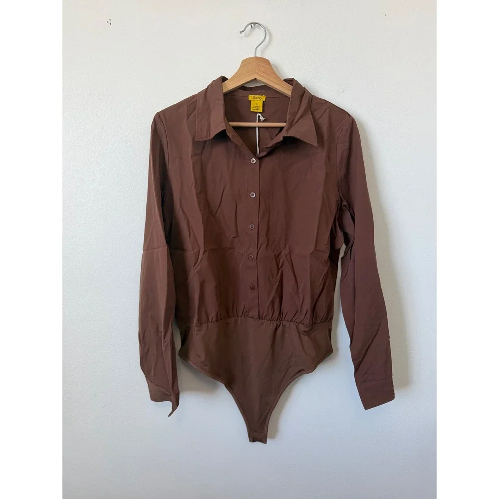 Daisy Collared Button-Front Thong Bodysuit – Mocha – NWT – XL - Picture 2 of 5